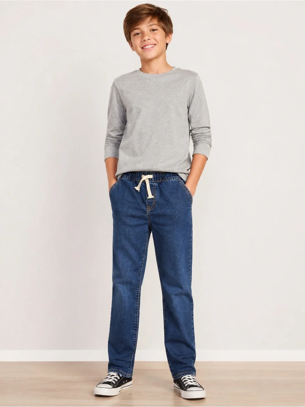 Old Navy Boys Jeans Size L 10-12 Straight Pull On Elastic Waist Drawstring